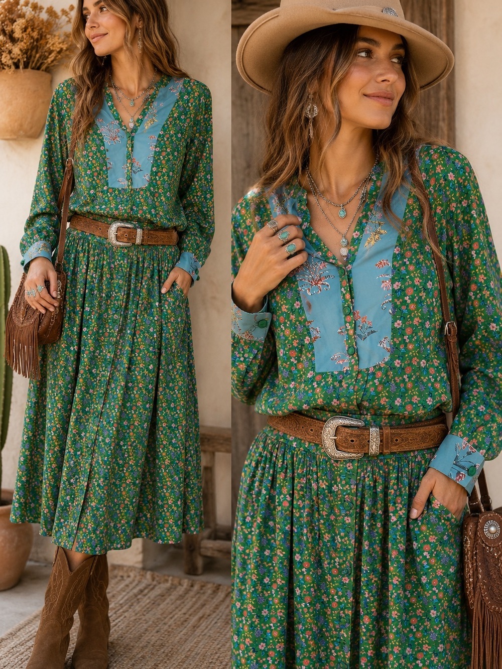 MARIA DE LA ORDEN SEQUANA Floral Blouse Skirt Set Green Boho Western  M